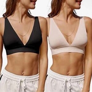 Knowyou Wireless Bralette 2- Pack Women LARGE Seamless Plunge Beige & Black NEW